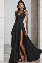 Schwarzes A-Linie Neckholder Chiffon Langes Plissiertes Ballkleid